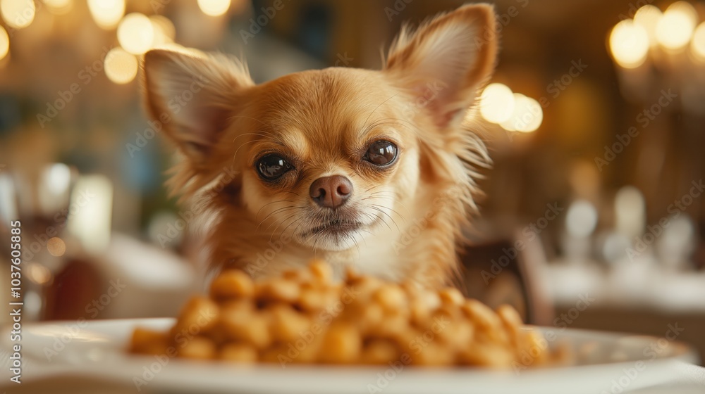A Chihuahua critiques its gourmet meal in an elegant restaurant setting with a discerning gaze A Chihuahua critiques its gourmet meal in an elegant restaurant setting with a discerning gaze