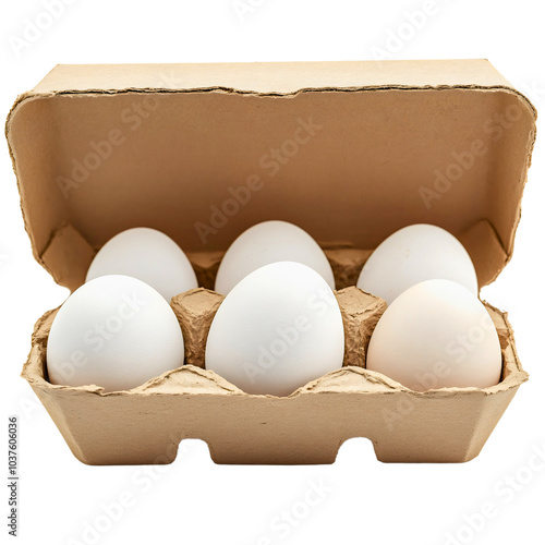 Cardboard carton and brown box with fresh egg isolated and simple six 6 container package organic food, basic storage with natural protein pack photo