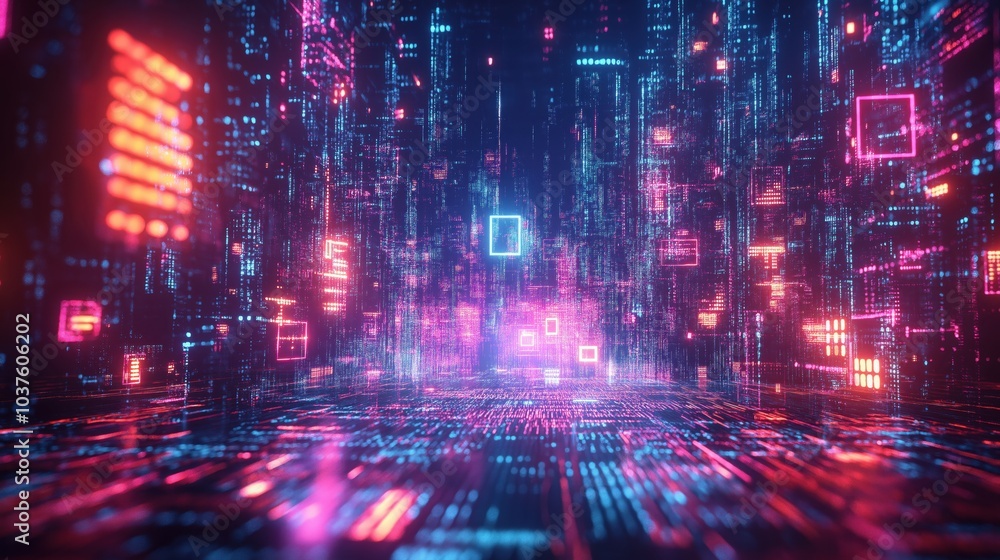 A vibrant network of floating geometric shapes illuminated by glowing circuits and pulsating data streams in a dynamic digital landscape A vibrant network of floating geometric shapes illuminated by glowing circuits and pulsating data streams in a dynamic digital landscape