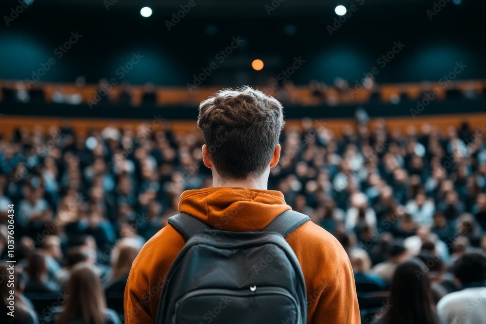 A person with a backpack stands before a large audience in an auditorium, representing courage, public speaking, and self-expression, highlighted by dynamic lighting. A person with a backpack stands before a large audience in an auditorium, representing courage, public speaking, and self-expression, highlighted by dynamic lighting.