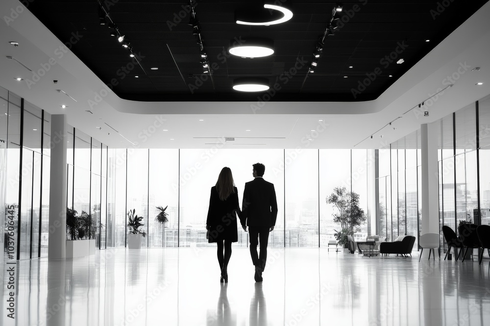 An elegant couple walks hand-in-hand through a sleek, modern hall, symbolizing partnership, sophistication, and mutual support, captured in monochrome tones. An elegant couple walks hand-in-hand through a sleek, modern hall, symbolizing partnership, sophistication, and mutual support, captured in monochrome tones.