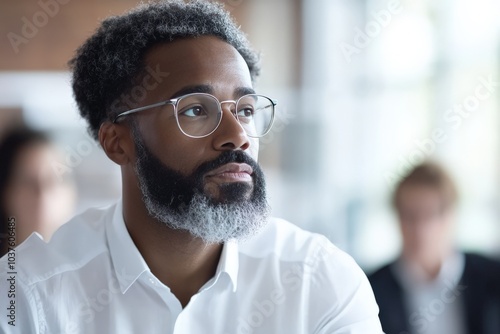 A thoughtful professional with glasses sits in a bright and modern office, engaged in deep contemplation, surrounded by a minimalist design and calm ambiance.