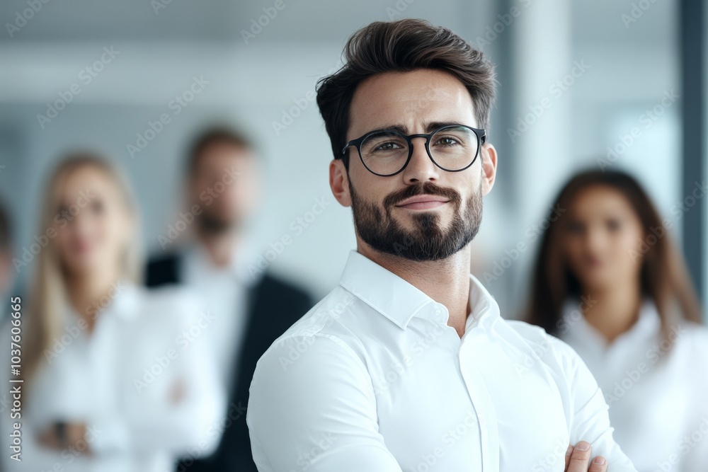 A confident businessman stands in focus with three colleagues behind him, symbolizing leadership and success in the corporate world. Modern office setting. A confident businessman stands in focus with three colleagues behind him, symbolizing leadership and success in the corporate world. Modern office setting.