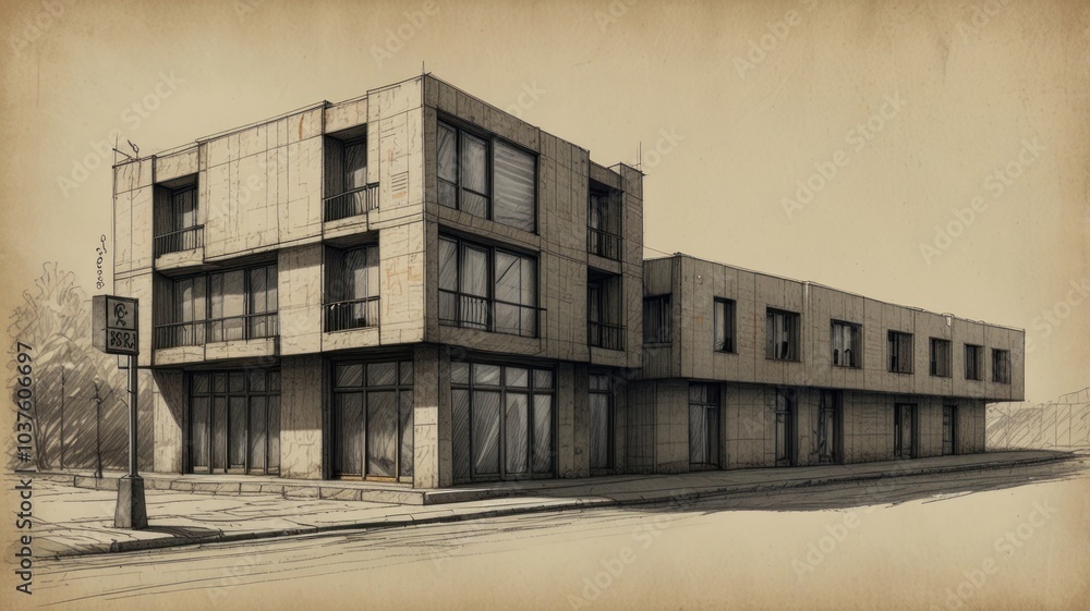 Obraz premium A pencil sketch of a modern concrete building with large windows.