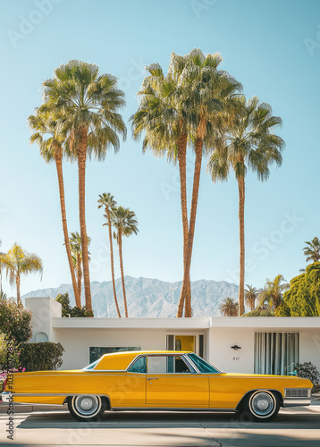 YELLOW RETRO VINTAGE CAR DRIVING IN parking of a  LA los angelese california PALM springs home palm trees  BLUE SKY BACKGROUND