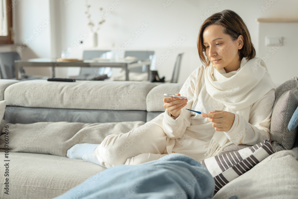 Sick Woman With A Scarf Lying On A Sofa Checking Her Fever With A Digital Thermometer Sick Woman With A Scarf Lying On A Sofa Checking Her Fever With A Digital Thermometer