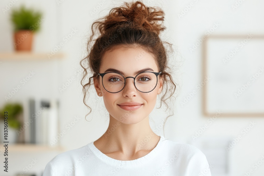 A young woman with curly hair styled in a bun and glasses smiles warmly, radiating intelligence and warmth, in a bright and welcoming indoor environment. A young woman with curly hair styled in a bun and glasses smiles warmly, radiating intelligence and warmth, in a bright and welcoming indoor environment.