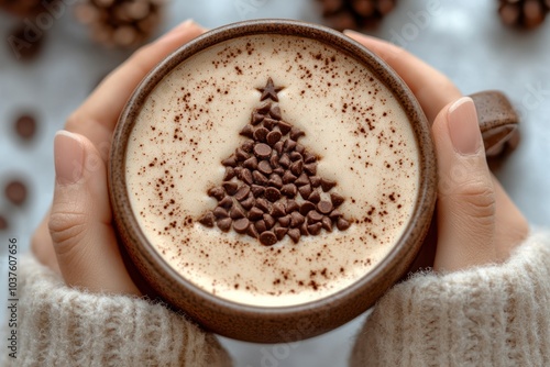 woman hands holding cup of coffee with crema. shape of christmas tree made with choclate chips photo