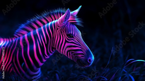 Bright neon zebra standing out on a shadowy background image