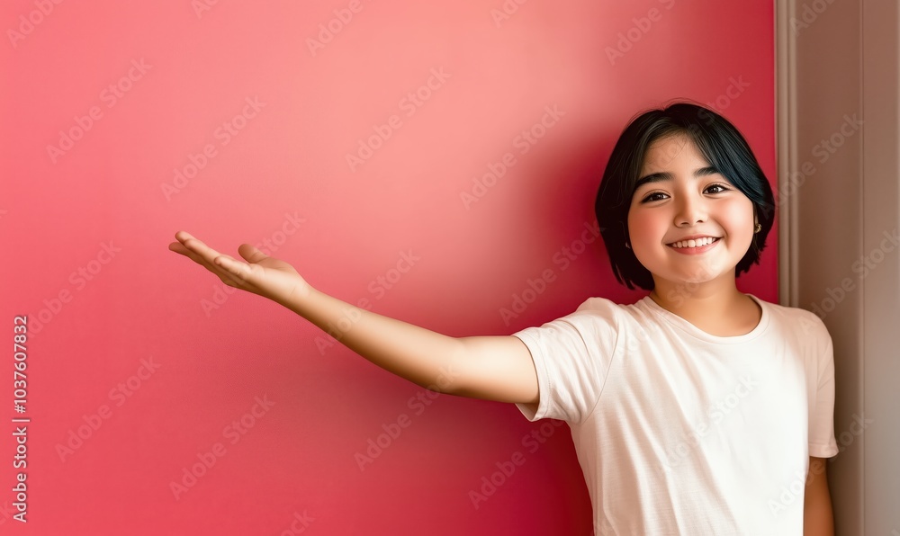 A girl with a playful smile effortlessly shrugs while standing against a vibrant pink wall in a sunlit room A girl with a playful smile effortlessly shrugs while standing against a vibrant pink wall in a sunlit room