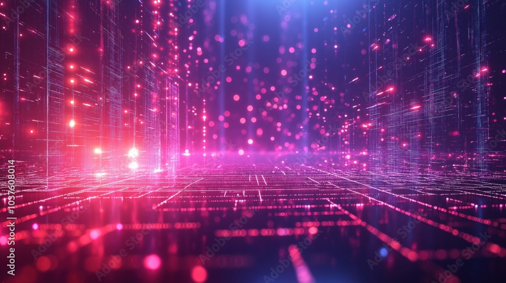 A vibrant digital network with glowing neon lines pulses with energy and geometric forms in a futuristic landscape A vibrant digital network with glowing neon lines pulses with energy and geometric forms in a futuristic landscape