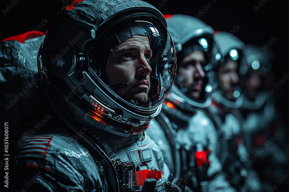 A group of astronauts training for deep-space missions, emphasizing the preparation required for interplanetary travel. Concept of astronaut training. A group of astronauts training for deep-space missions, emphasizing the preparation required for interplanetary travel. Concept of astronaut training.
