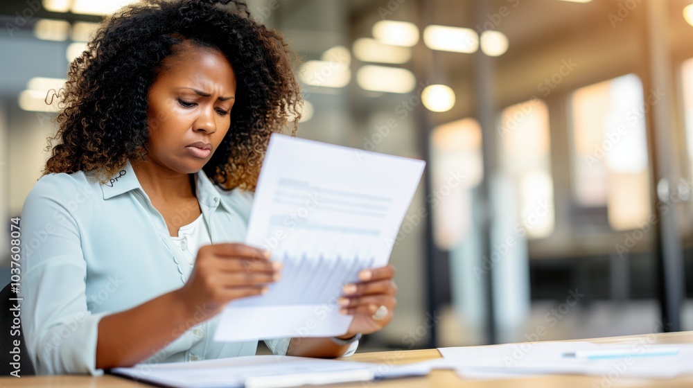 A woman with curly hair studies a financial chart at her desk in a contemporary office space during a productive workday