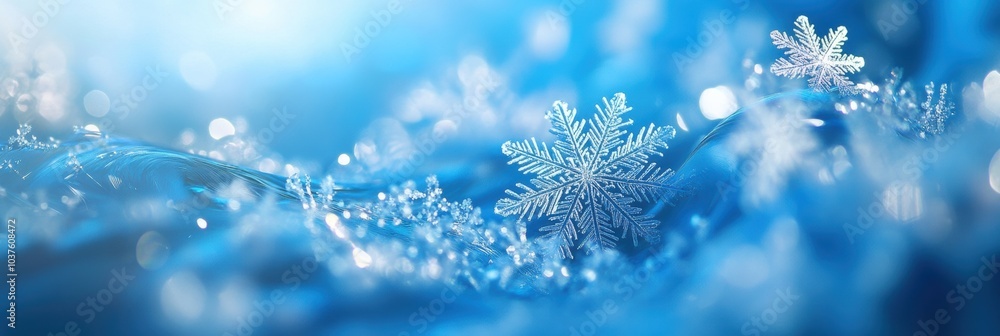Delicate snowflakes shimmer against a cool blue backdrop, evoking the serene beauty of winter's arrival in the early morning light. Generative AI Delicate snowflakes shimmer against a cool blue backdrop, evoking the serene beauty of winter's arrival in the early morning light. Generative AI