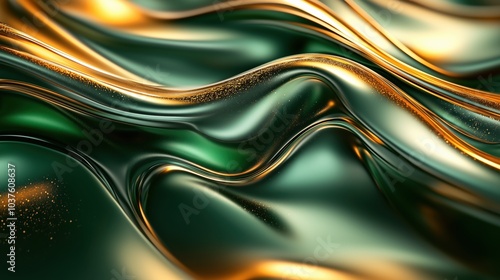 Dynamic fluid forms in emerald green and gold create an abstract expression of luxury and depth in a captivating design