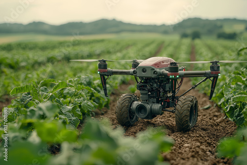 A farmer operating a drone to assess soil quality, showcasing the role of technology in precision farming. Concept of technology. photo