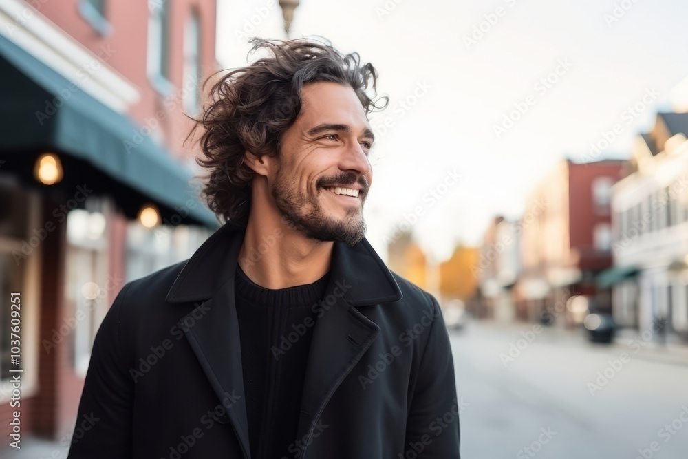 Portrait of a handsome man with curly hair smiling in a urban context Portrait of a handsome man with curly hair smiling in a urban context
