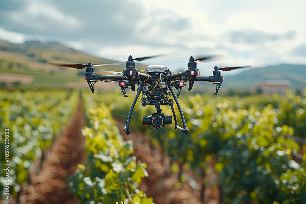 A drone flying over a vineyard, monitoring vine growth and health, illustrating the use of drones in specialty crops. Concept of technology. A drone flying over a vineyard, monitoring vine growth and health, illustrating the use of drones in specialty crops. Concept of technology.