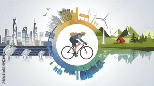 urban landscape with cyclist and renewable energy showcasing sustainable transportation green living and eco-friendly city innovation