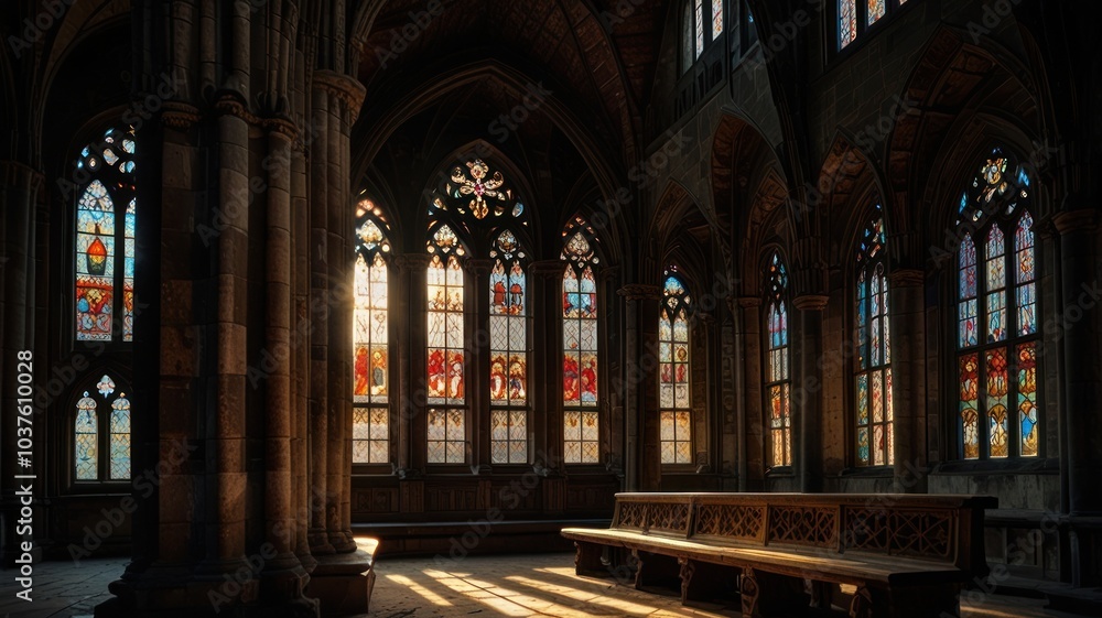 Sunlight streams through stained glass windows in a cathedral, illuminating a row of pews. Sunlight streams through stained glass windows in a cathedral, illuminating a row of pews.