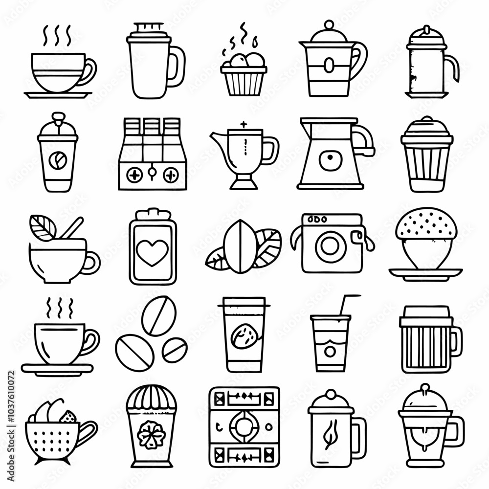 A collection of 28 line icons depicting various coffee making and serving methods, including cups, pots, beans, and other related accessories. A collection of 28 line icons depicting various coffee making and serving methods, including cups, pots, beans, and other related accessories.