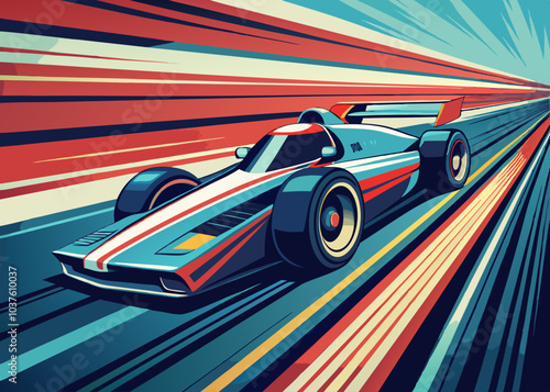 A vibrant and dynamic illustration of a racing car speeding down a track, capturing the thrill and speed of motorsport. The bold colors and dynamic lines create a sense of motion and excitement.