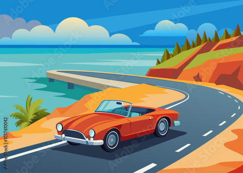 A red convertible car drives along a scenic coastal road, with a breathtaking view of the ocean and lush greenery.