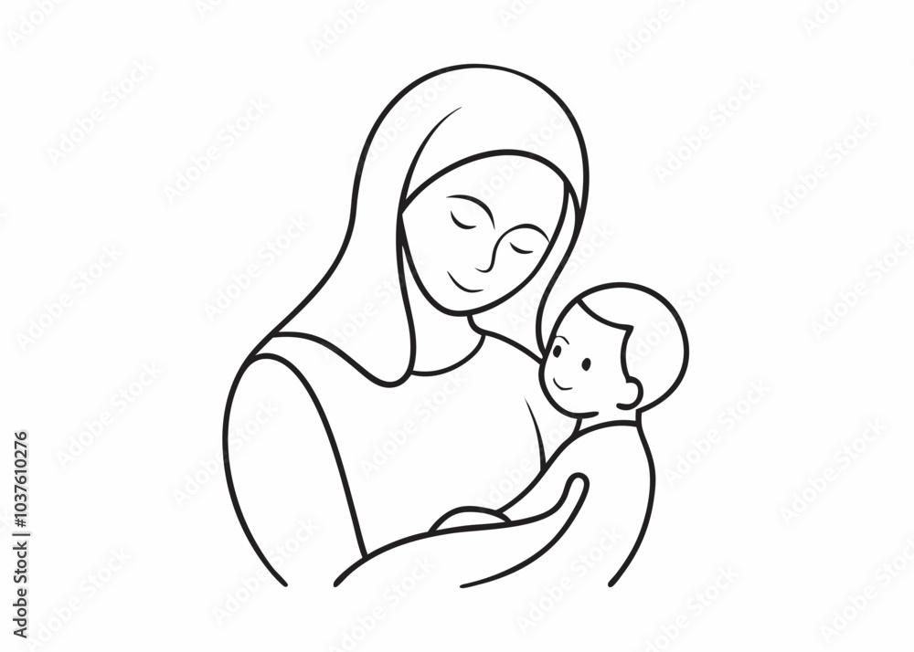 A simple line drawing illustration of a mother holding her baby. This image is perfect for representing love, care, and family. It is ideal for use in religious or spiritual projects. A simple line drawing illustration of a mother holding her baby. This image is perfect for representing love, care, and family. It is ideal for use in religious or spiritual projects.