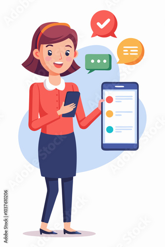 Wallpaper Mural A cheerful woman holding a smartphone with a checklist on the screen, surrounded by speech bubbles with checkmarks and messages. Torontodigital.ca