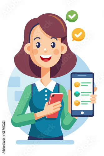 A happy woman holding two smartphones, one in each hand, showcasing an app with a checklist and a user interface. This illustration depicts a positive experience with a digital platform.