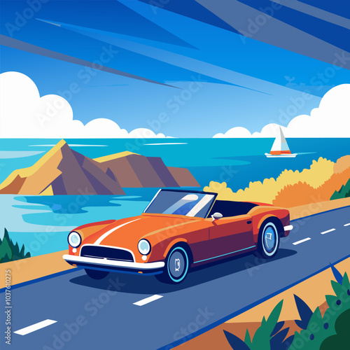 A classic convertible car driving along a winding coastal road, with the ocean and a distant sailboat in the background.