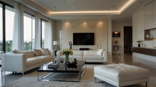 Modern living room with a calm atmosphere bathed in soft natural light. Clean white walls and a plush white sofa create a clean and airy atmosphere.