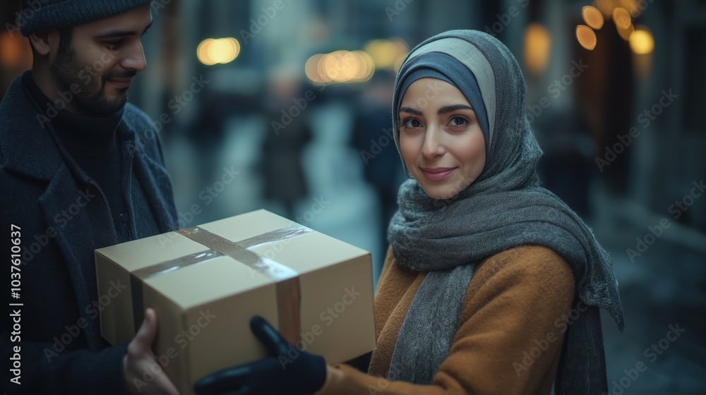 A Middle Eastern female courier in a headscarf delivers a package to a man in a business suit outside a corporate building during the day A Middle Eastern female courier in a headscarf delivers a package to a man in a business suit outside a corporate building during the day