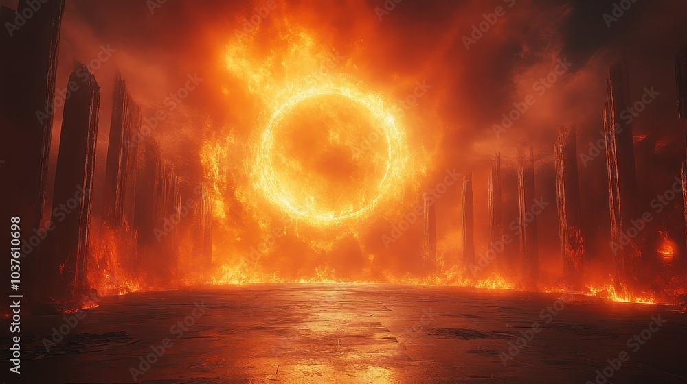 Obraz premium Epic fiery landscape with erupting flames and a mystical circular portal illuminating the darkened environment