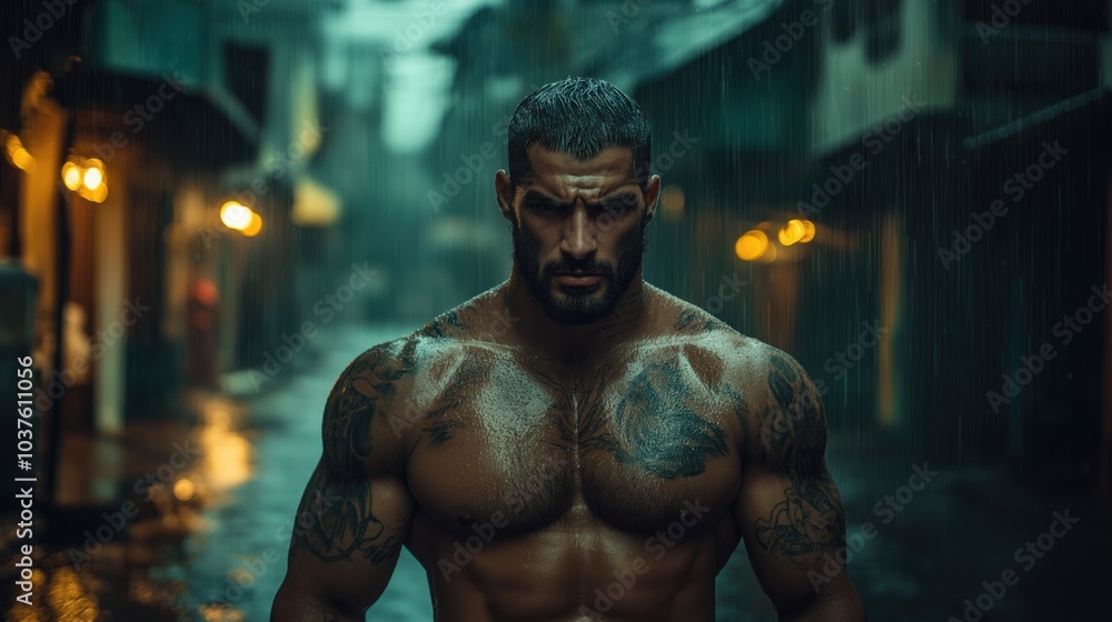 A muscular man stands confidently in a rain-soaked street, illuminated by flickering lights, embodying intensity amidst the storm A muscular man stands confidently in a rain-soaked street, illuminated by flickering lights, embodying intensity amidst the storm