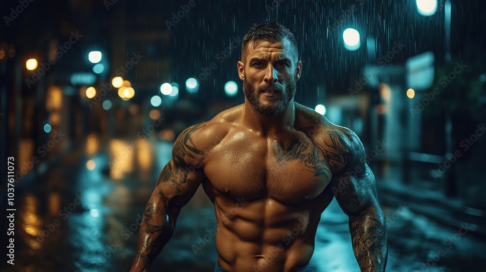 A determined athlete sprints through a rain-soaked urban street at night, muscles glistening under the city lights A determined athlete sprints through a rain-soaked urban street at night, muscles glistening under the city lights