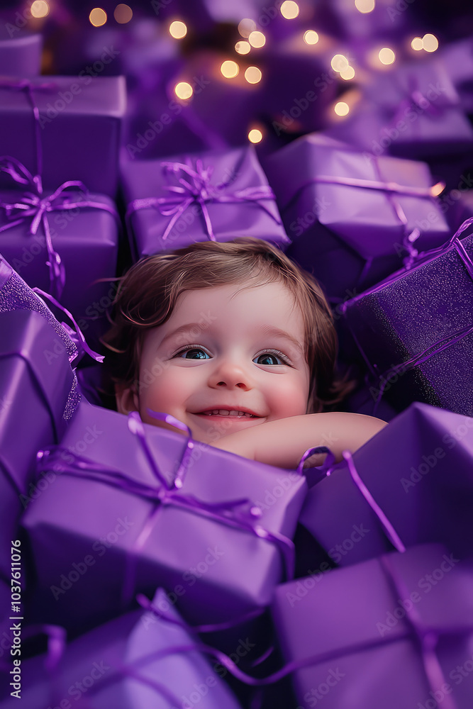 the happy little kid is in between the purple gift presents boxes for x'mas party in the decorated living room graphic picture of the christmas decoration party the happy little kid is in between the purple gift presents boxes for x'mas party in the decorated living room graphic picture of the christmas decoration party