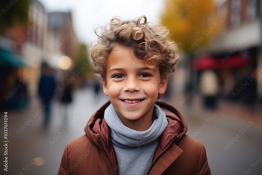 Portrait of a cute little boy with curly hair in the city Portrait of a cute little boy with curly hair in the city