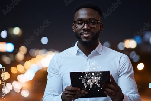 A smiling man holding a tablet stands against a blurred night cityscape, illustrated with digital network connections, showcasing technological optimism and connectivity. photo