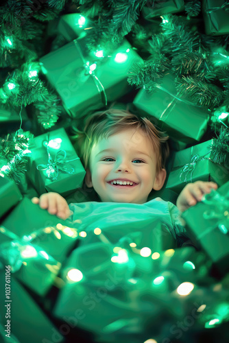 the happy little kid is in between the green lit  gift boxes for x'mas party in the decorated living room graphic picture of the christmas decoration party photo