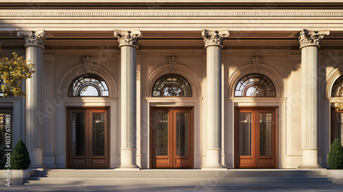A grand historical facade with large columns and arches