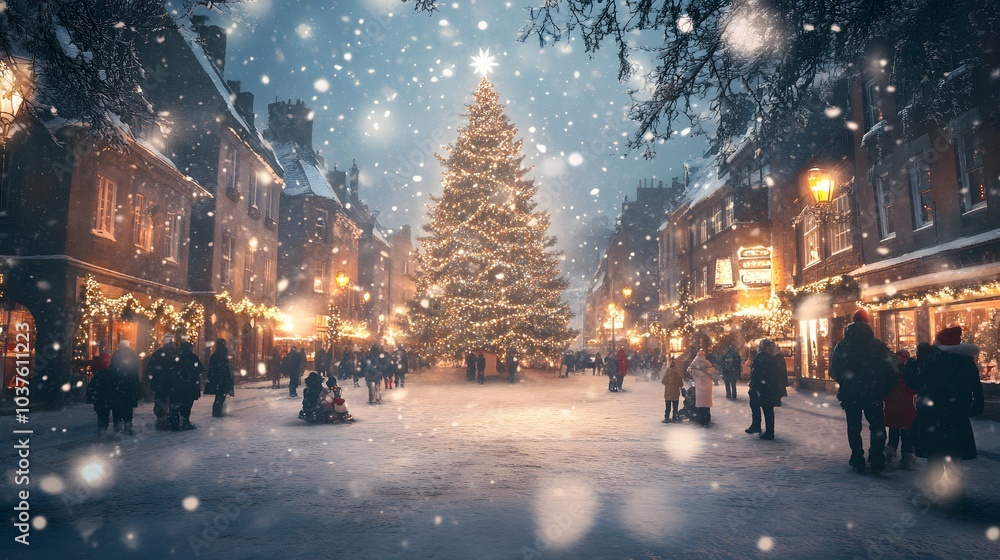 Snowy Night with Christmas Tree in a European City Snowy Night with Christmas Tree in a European City