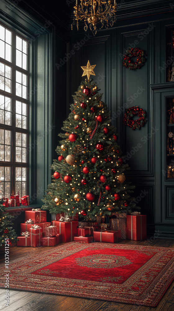 Christmas tree decoration in the old classical style home with dark green wall and tall windows Christmas tree decoration in the old classical style home with dark green wall and tall windows