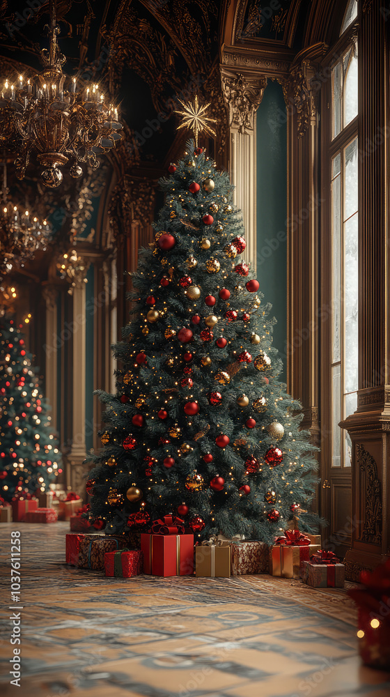 Christmas tree decoration in the old classical style home with dark green wall and tall windows Christmas tree decoration in the old classical style home with dark green wall and tall windows