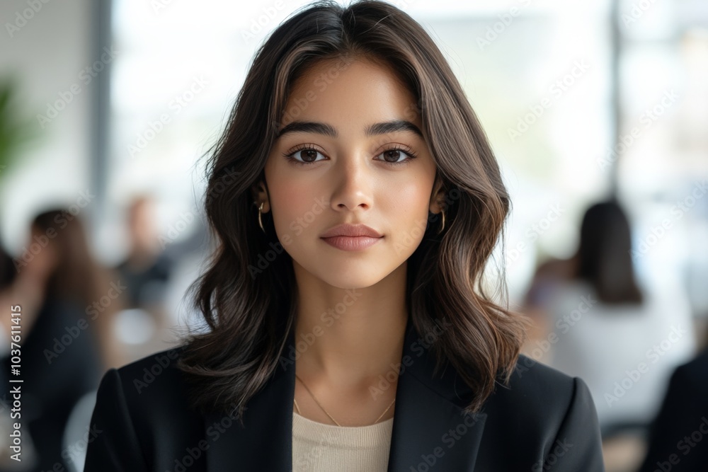 A young woman poses confidently in a stylish business suit within a contemporary office, highlighting individuality and professionalism in the corporate environment. A young woman poses confidently in a stylish business suit within a contemporary office, highlighting individuality and professionalism in the corporate environment.