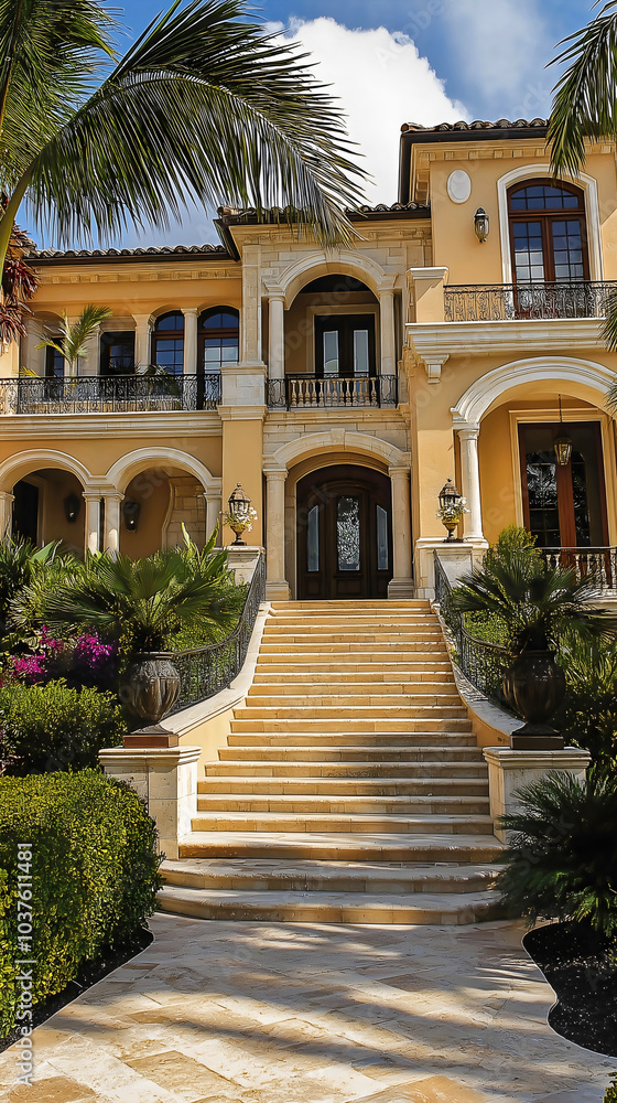 Fototapeta premium Grand luxury home entrance with modern architecture details, residential building featuring elegant door and manicured garden property construction