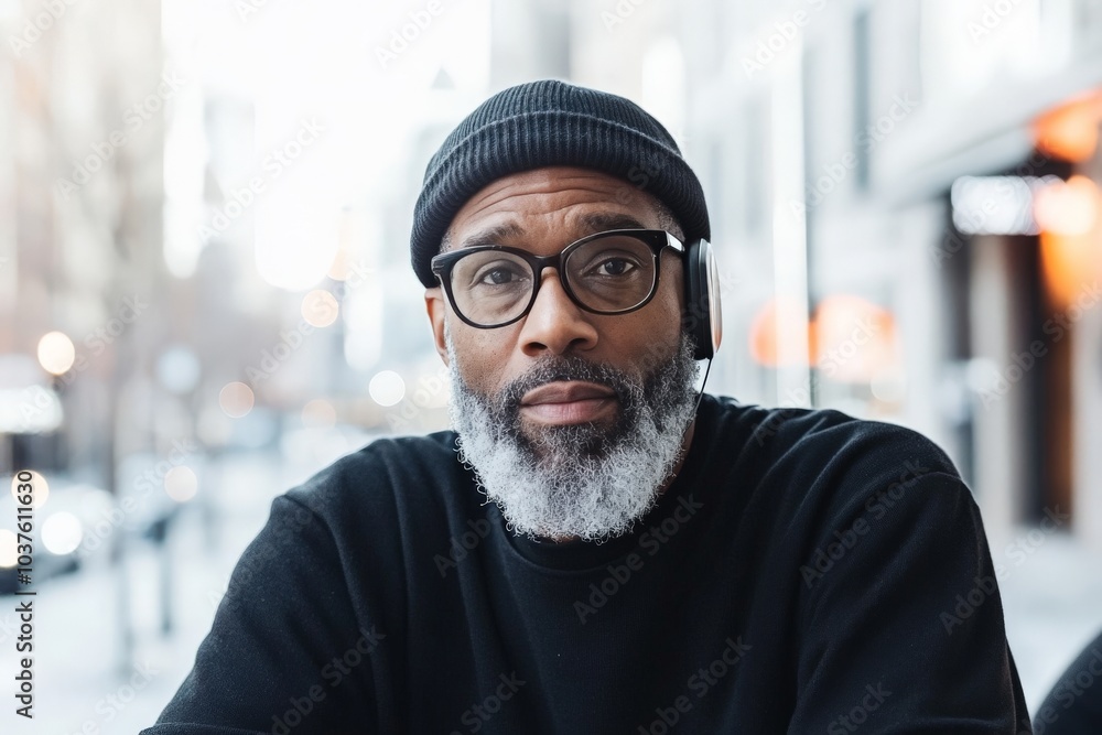 Fashion-forward man with distinct eyewear and earbuds enjoying city life, showcasing the interplay of personal style and modern technological connectivity in an urban setting. Fashion-forward man with distinct eyewear and earbuds enjoying city life, showcasing the interplay of personal style and modern technological connectivity in an urban setting.