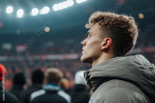 A thoughtful man, seen in profile, attentively watching an event unfold in a vast stadium filled with blurred crowds, representing contemplation amidst public excitement.