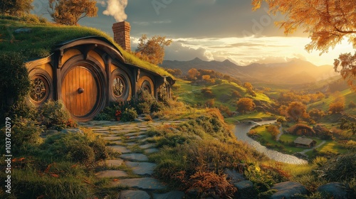 A tranquil sunset in the Shire with cozy hobbit holes, golden trees, and a gentle river meandering through the picturesque landscape