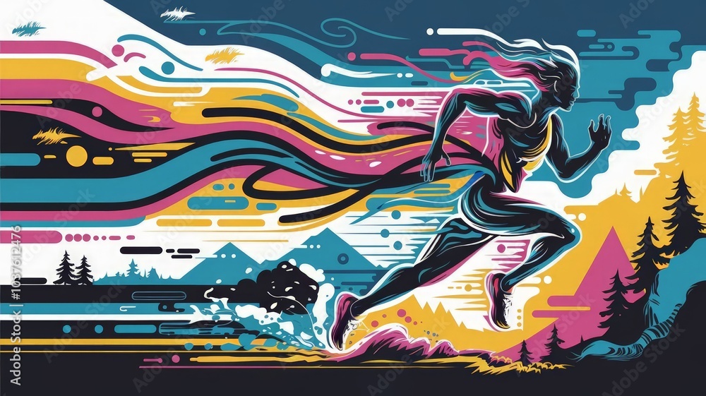 Fototapeta premium Dynamic abstract illustration of a running silhouette with flowing lines and vibrant colors